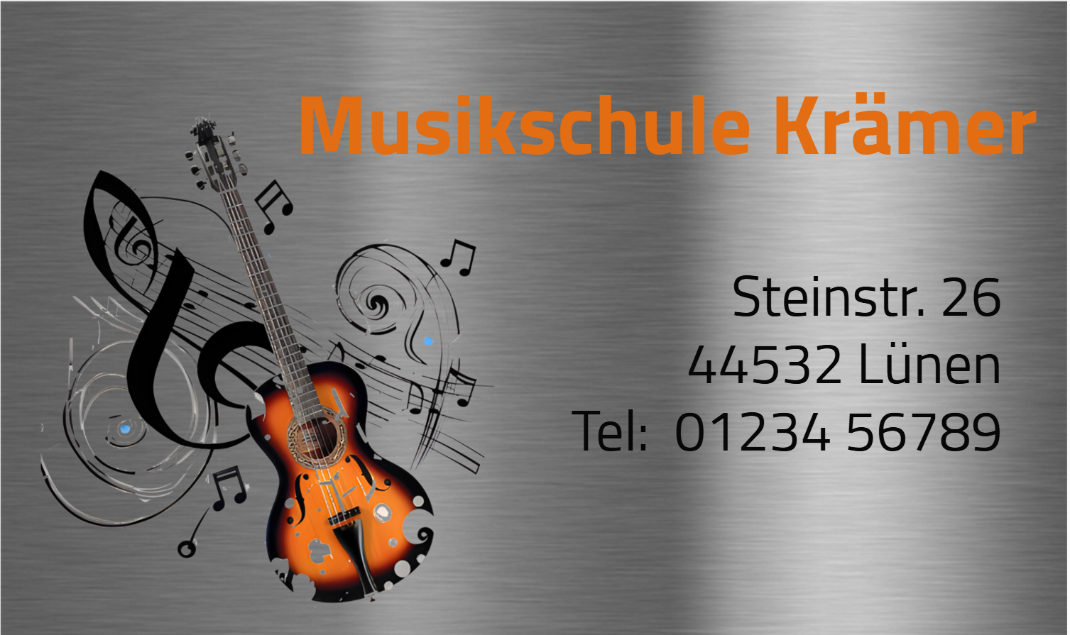 Personalisierbares V2A Edelstahlschild mit UV-Druck für Musikschule Krämer – Gitarrengrafik, Notenmotiv und Adresse, witterungsbeständig und langlebig
